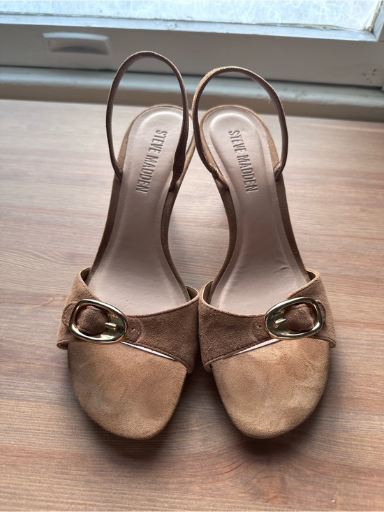 Steve Madden Shoes - Steve Madden Tan Suede Slingback Heels with Gold Buckle Accent